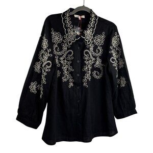 Solitaire Women's Linen Blend Embroidered Blouse Black/Cream Size XL NWT